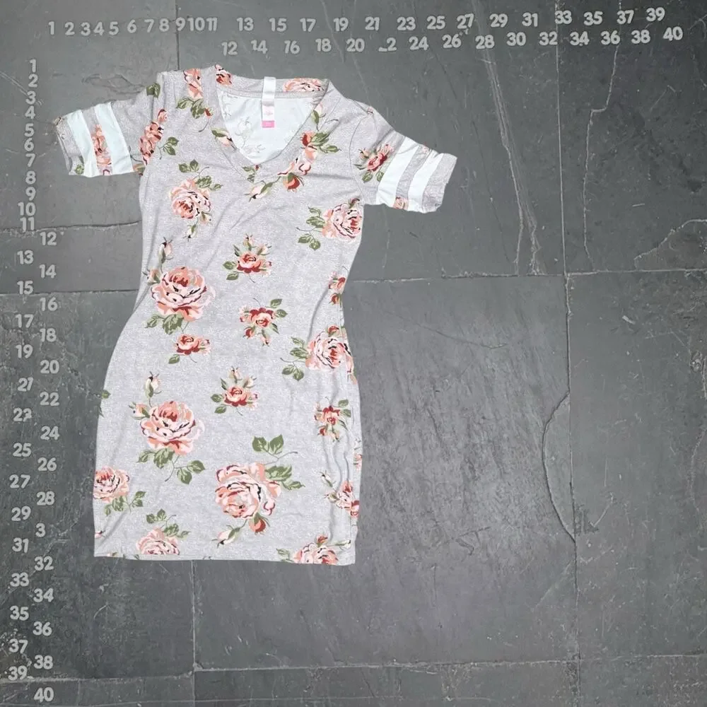 No Boundaries Women's Gray Floral Varsity Stripe T-Shirt Bodycon Mini Dress - Picture 2 of 5